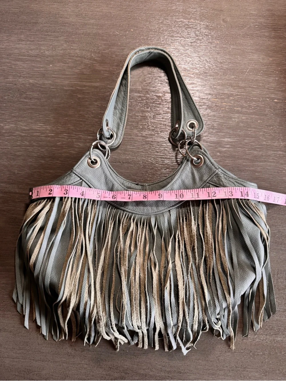 Vintage Leather Grey Fringe Hobo Shoulder Bag Purse